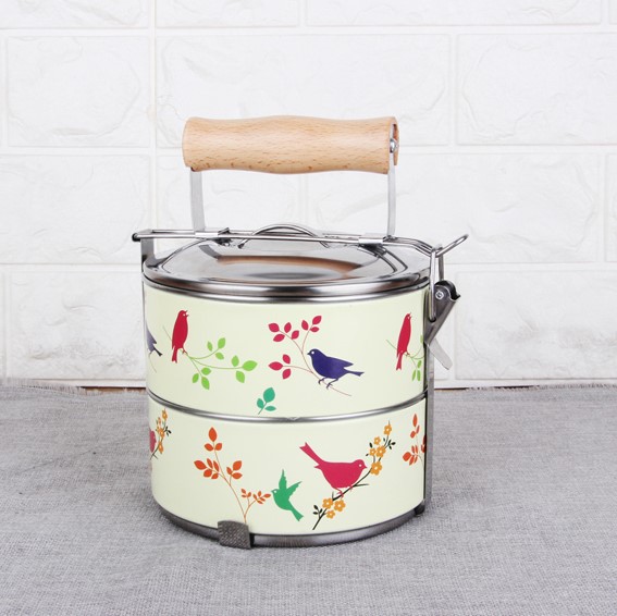 Retro Enamel Tiffin Carrier with Wooden Handle